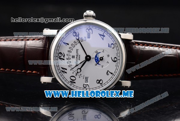 Patek Philippe Grand Complications Asia ST25 Automatic Steel Case with White Dial and Brown Leather Strap Arabic Numeral Markers - Click Image to Close